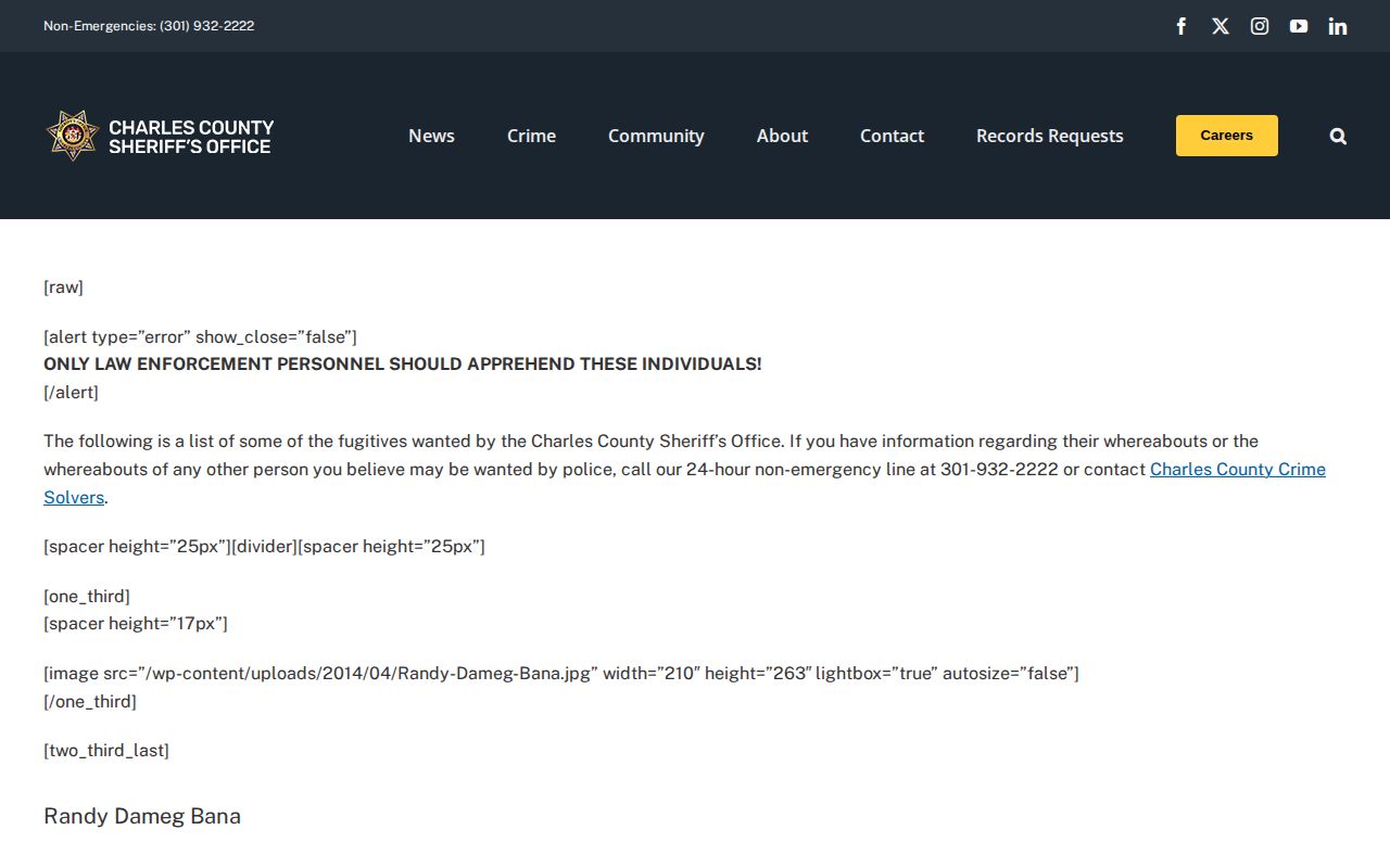 Charles County Sheriff official wanted fugitives page interface