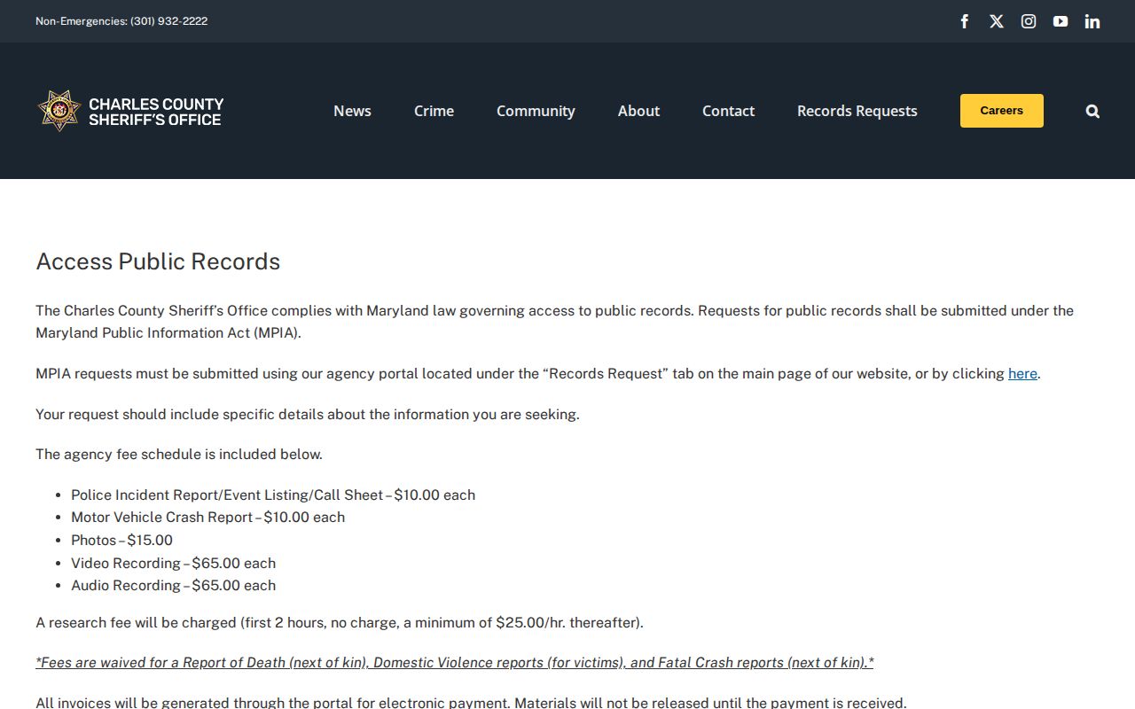 Charles County Sheriff public records request page for booking records