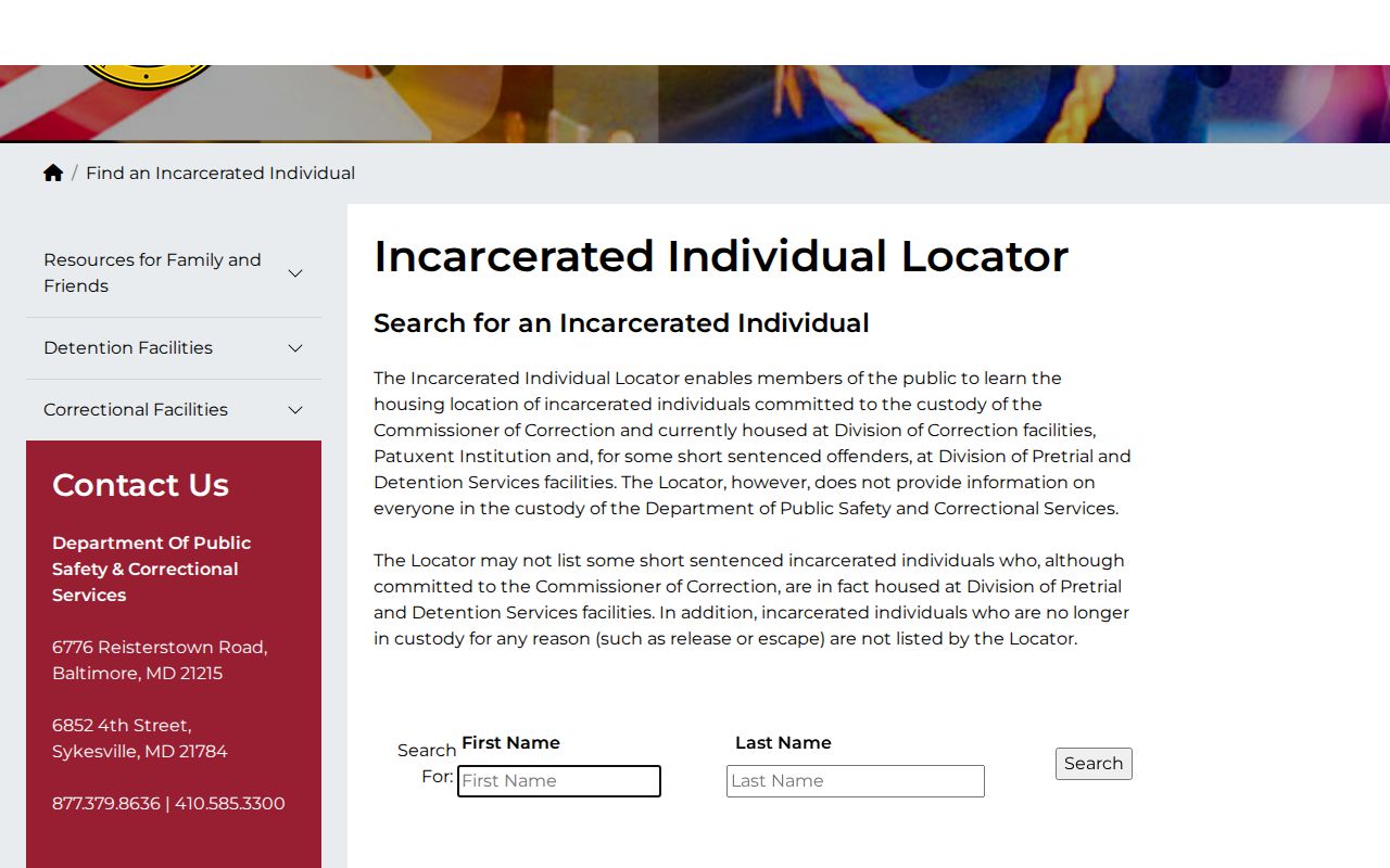 Maryland DPSCS incarcerated individual locator for state custody records