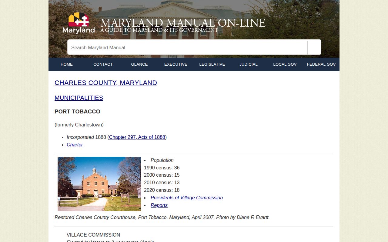 Port Tobacco Village Charles County municipal and arrest records source